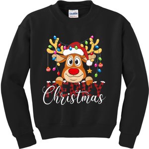 Merry Christmas Reindeer Xmas Family Pajamas Buffalo Plaid Kids Sweatshirt