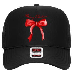 Merry Christmas Red Coquette Bow Merry And Bright High Crown Mesh Back Trucker Hat