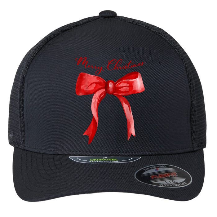 Merry Christmas Red Coquette Bow Merry And Bright Flexfit Unipanel Trucker Cap