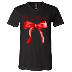 Merry Christmas Red Coquette Bow Merry And Bright V-Neck T-Shirt