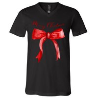 Merry Christmas Red Coquette Bow Merry And Bright V-Neck T-Shirt