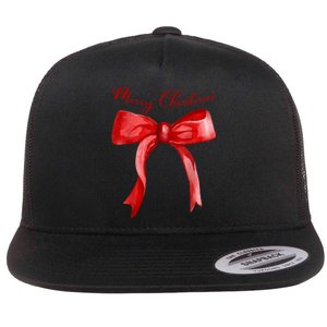 Merry Christmas Red Coquette Bow Merry And Bright Flat Bill Trucker Hat