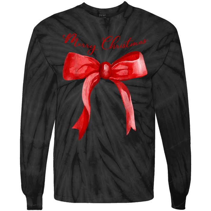 Merry Christmas Red Coquette Bow Merry And Bright Tie-Dye Long Sleeve Shirt