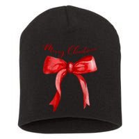 Merry Christmas Red Coquette Bow Merry And Bright Short Acrylic Beanie