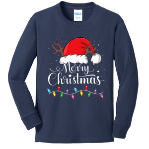 Merry Christmas Red Santa Hat Reindeer Xmas Family Kids Long Sleeve Shirt