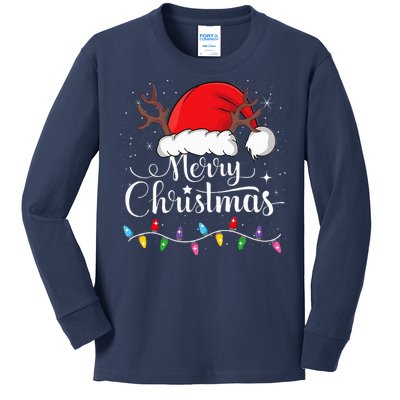 Merry Christmas Red Santa Hat Reindeer Xmas Family Kids Long Sleeve Shirt