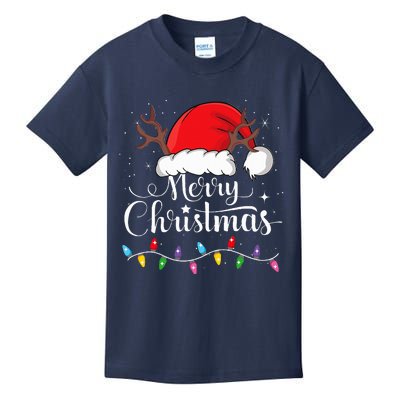 Merry Christmas Red Santa Hat Reindeer Xmas Family Kids T-Shirt