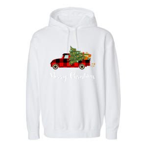 Merry Christmas Red Truck Christmas Tree Gift Garment-Dyed Fleece Hoodie