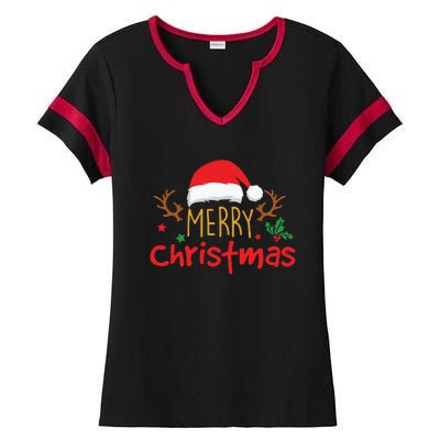 Merry Christmas Reindeer Christmas Hat, Ugly Christmas Sweater, Snow, Funny Christmas Ladies Halftime Notch Neck Tee