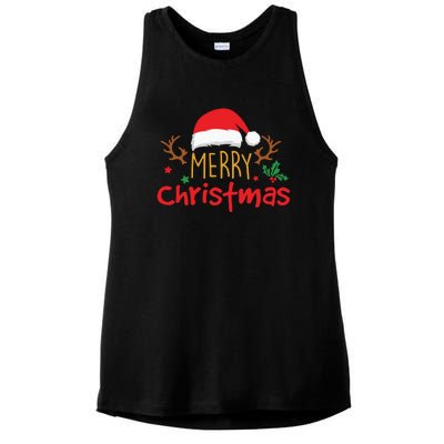 Merry Christmas Reindeer Christmas Hat, Ugly Christmas Sweater, Snow, Funny Christmas Ladies PosiCharge Tri-Blend Wicking Tank