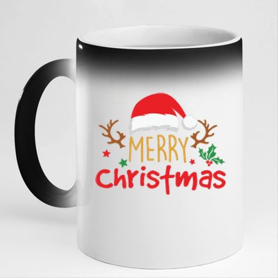 Merry Christmas Reindeer Christmas Hat, Ugly Christmas Sweater, Snow, Funny Christmas 11oz Black Color Changing Mug