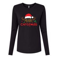 Merry Christmas Reindeer Christmas Hat, Ugly Christmas Sweater, Snow, Funny Christmas Womens Cotton Relaxed Long Sleeve T-Shirt