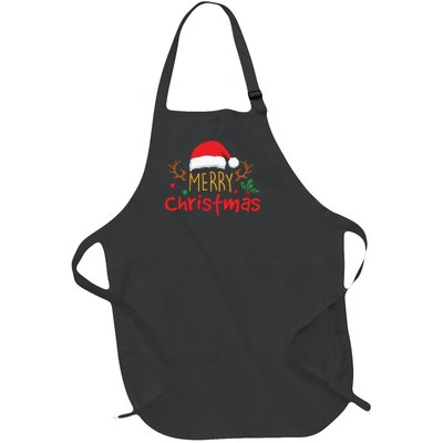 Merry Christmas Reindeer Christmas Hat, Ugly Christmas Sweater, Snow, Funny Christmas Full-Length Apron With Pockets