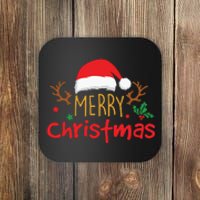 Merry Christmas Reindeer Christmas Hat, Ugly Christmas Sweater, Snow, Funny Christmas Coaster