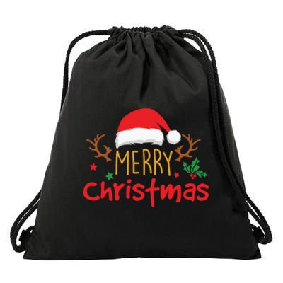 Merry Christmas Reindeer Christmas Hat, Ugly Christmas Sweater, Snow, Funny Christmas Drawstring Bag