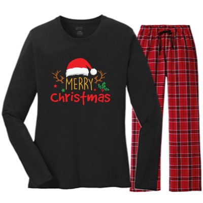 Merry Christmas Reindeer Christmas Hat, Ugly Christmas Sweater, Snow, Funny Christmas Women's Long Sleeve Flannel Pajama Set 