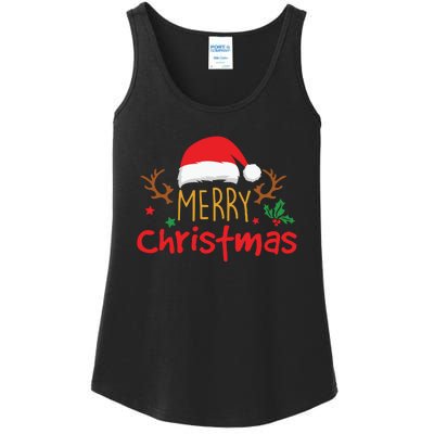 Merry Christmas Reindeer Christmas Hat, Ugly Christmas Sweater, Snow, Funny Christmas Ladies Essential Tank