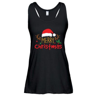 Merry Christmas Reindeer Christmas Hat, Ugly Christmas Sweater, Snow, Funny Christmas Ladies Essential Flowy Tank