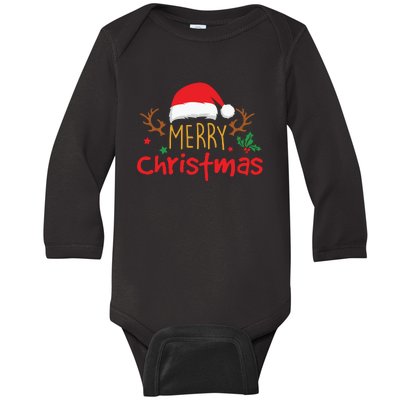 Merry Christmas Reindeer Christmas Hat, Ugly Christmas Sweater, Snow, Funny Christmas Baby Long Sleeve Bodysuit