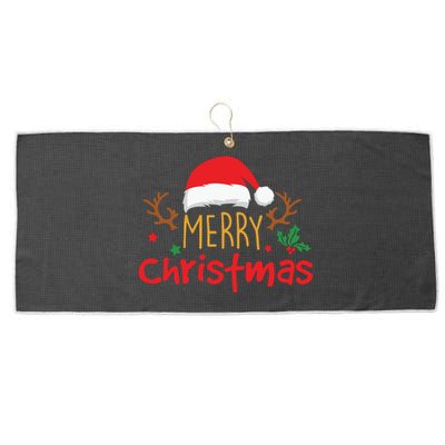 Merry Christmas Reindeer Christmas Hat, Ugly Christmas Sweater, Snow, Funny Christmas Large Microfiber Waffle Golf Towel