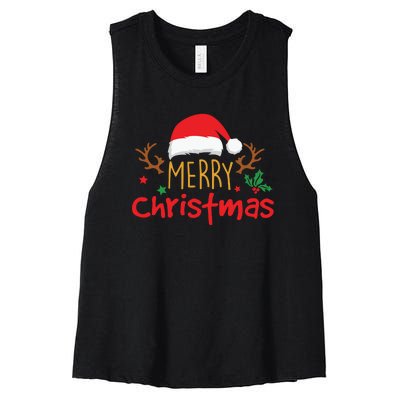 Merry Christmas Reindeer Christmas Hat, Ugly Christmas Sweater, Snow, Funny Christmas Women's Racerback Cropped Tank