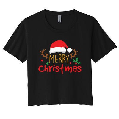 Merry Christmas Reindeer Christmas Hat, Ugly Christmas Sweater, Snow, Funny Christmas Women's Crop Top Tee