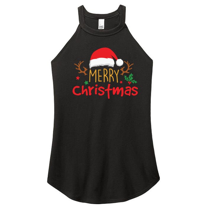 Merry Christmas Reindeer Christmas Hat, Ugly Christmas Sweater, Snow, Funny Christmas Women's Perfect Tri Rocker Tank