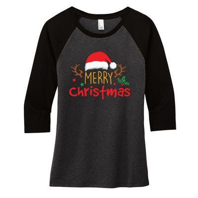 Merry Christmas Reindeer Christmas Hat, Ugly Christmas Sweater, Snow, Funny Christmas Women's Tri-Blend 3/4-Sleeve Raglan Shirt