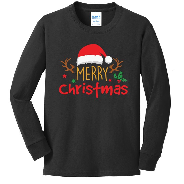 Merry Christmas Reindeer Christmas Hat, Ugly Christmas Sweater, Snow, Funny Christmas Kids Long Sleeve Shirt