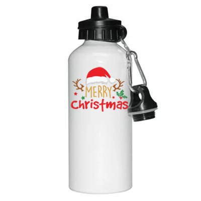 Merry Christmas Reindeer Christmas Hat, Ugly Christmas Sweater, Snow, Funny Christmas Aluminum Water Bottle