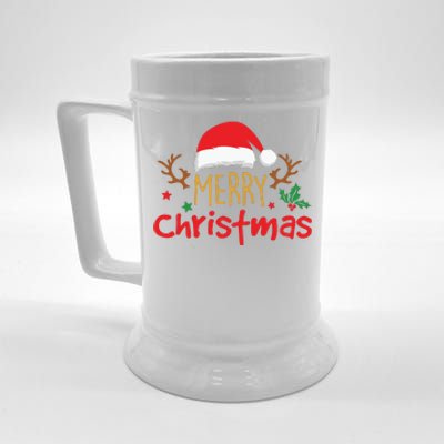 Merry Christmas Reindeer Christmas Hat, Ugly Christmas Sweater, Snow, Funny Christmas Beer Stein