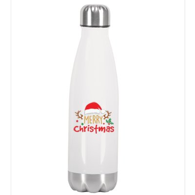 Merry Christmas Reindeer Christmas Hat, Ugly Christmas Sweater, Snow, Funny Christmas Stainless Steel Insulated Water Bottle