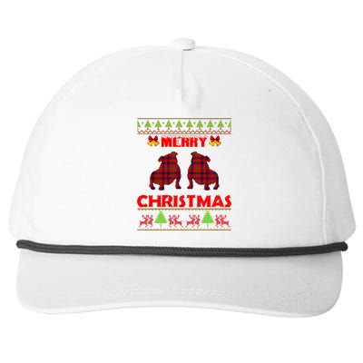 Merry Christmas Red Plaid Bulldog Ugly Xmas Sweater Holiday Gift Snapback Five-Panel Rope Hat