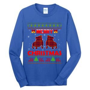 Merry Christmas Red Plaid Bulldog Ugly Xmas Sweater Holiday Gift Tall Long Sleeve T-Shirt