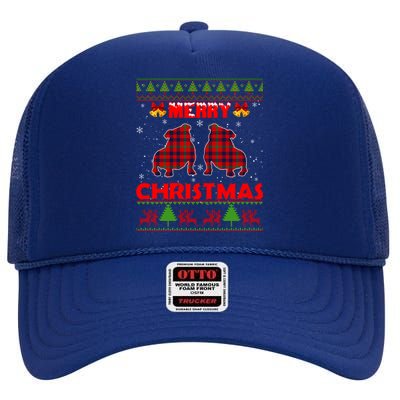 Merry Christmas Red Plaid Bulldog Ugly Xmas Sweater Holiday Gift High Crown Mesh Back Trucker Hat