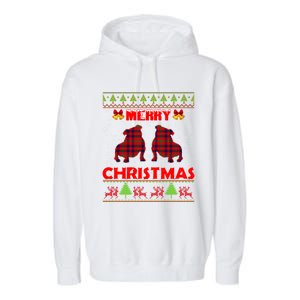 Merry Christmas Red Plaid Bulldog Ugly Xmas Sweater Holiday Gift Garment-Dyed Fleece Hoodie