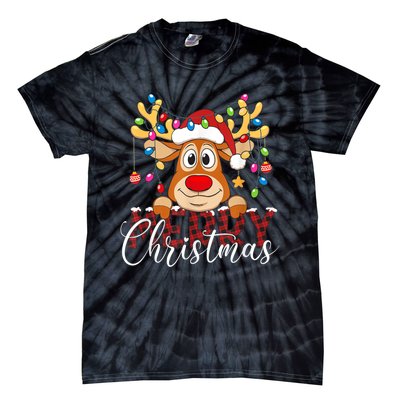 Merry Christmas Reindeer Xmas Family Pajamas Buffalo Plaid Tie-Dye T-Shirt