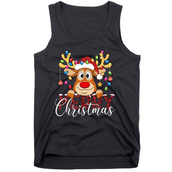 Merry Christmas Reindeer Xmas Family Pajamas Buffalo Plaid Tank Top