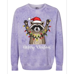 Merry Christmas Raccoon Santa Hat Xmas Light Pjs Colorblast Crewneck Sweatshirt