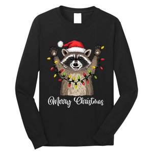 Merry Christmas Raccoon Santa Hat Xmas Light Pjs Long Sleeve Shirt