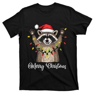 Merry Christmas Raccoon Santa Hat Xmas Light Pjs T-Shirt