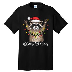 Merry Christmas Raccoon Santa Hat Xmas Light Pjs Tall T-Shirt