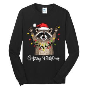 Merry Christmas Raccoon Santa Hat Xmas Light Pjs Tall Long Sleeve T-Shirt