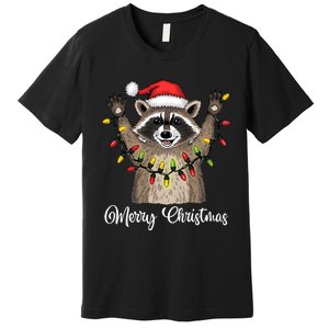 Merry Christmas Raccoon Santa Hat Xmas Light Pjs Premium T-Shirt