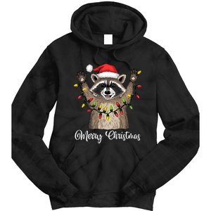 Merry Christmas Raccoon Santa Hat Xmas Light Pjs Tie Dye Hoodie