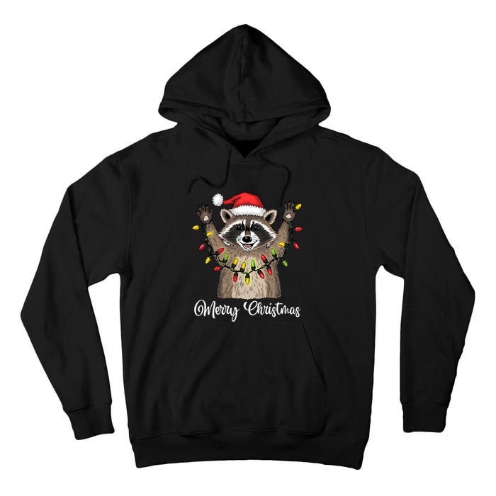 Merry Christmas Raccoon Santa Hat Xmas Light Pjs Tall Hoodie