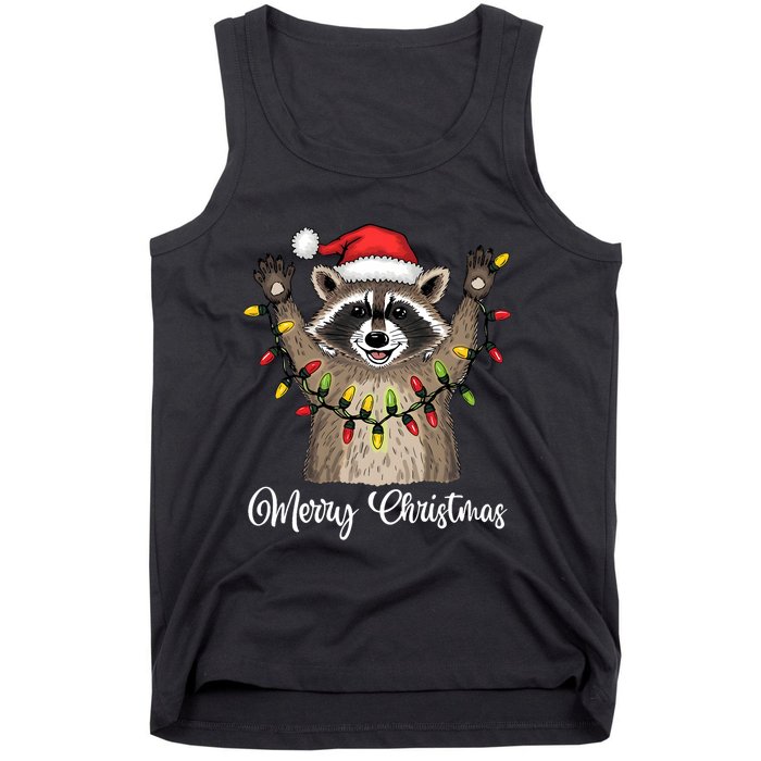 Merry Christmas Raccoon Santa Hat Xmas Light Pjs Tank Top