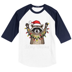 Merry Christmas Raccoon Santa Hat Xmas Light Pjs Baseball Sleeve Shirt