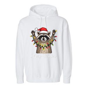 Merry Christmas Raccoon Santa Hat Xmas Light Pjs Garment-Dyed Fleece Hoodie