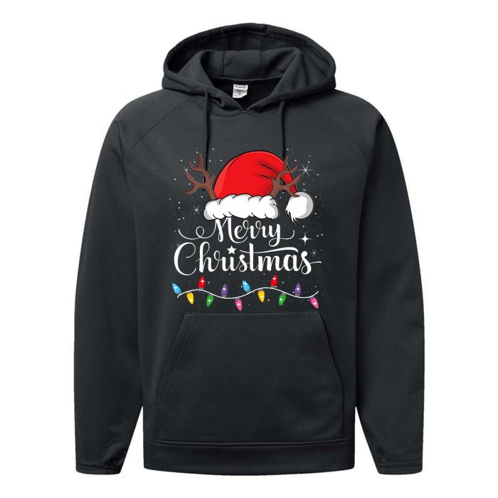 Merry Christmas Red Santa Hat Reindeer Xmas Family Performance Fleece Hoodie